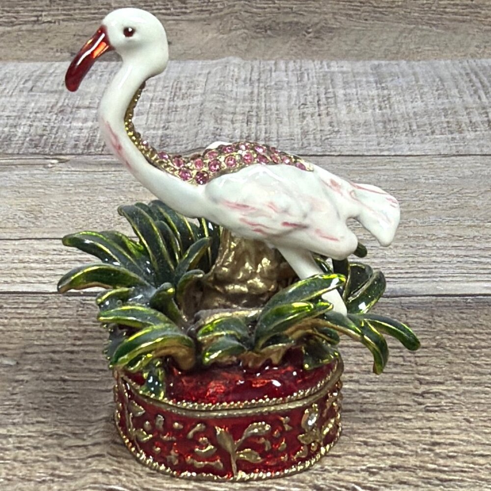 Pink Rhinestone Flamingo Hinged Red Jewelry Trinket Box Bejeweled Enamel Pewter